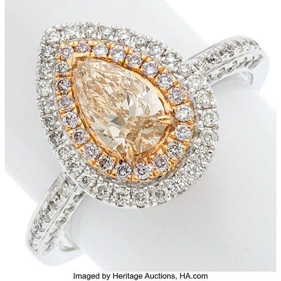Colored Diamond, Diamond, Gold Ring Stones: Pear-shaped brownish-yellow diamond...