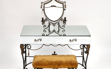 Console-coiffeuse, son tabouret et son miroir de table