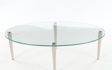 Contemporary Oval Shaped Brushed Metal and Glass Top Coffee Table