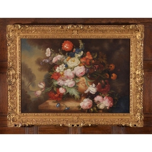 Continental School (Early 20th century) Still life of flowers on a marble ledge