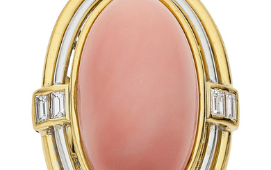 Coral, Diamond, Gold Ring Stones: Coral cabochon; baguette-cut diamonds...