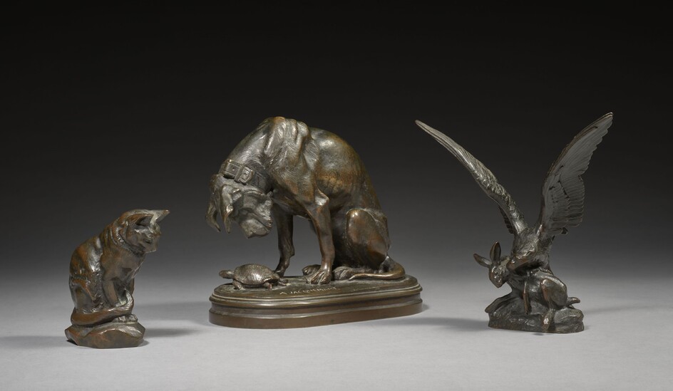 D'APRES ANTOINE-LOUIS BARYE (1796-1875) Aigle attaquant un lièvreGroupe en bronze, signé BARYEH. 15 cm (6...