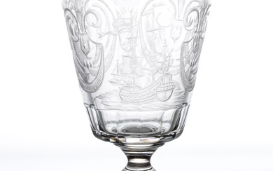 DORFLINGER ATTRIBUTED ENGRAVED NAUTICAL GLASS GOBLET