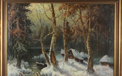 DUDOV « Paysage d’hiver sous la neige ». Huile sur toile signée. H.83 L.106.
