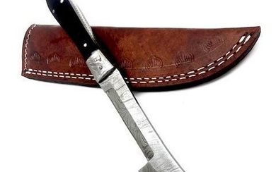 Damascus Steel Full Tang Wood Handle Skinning Shiv For Hunting With Leather Stitched Sheath