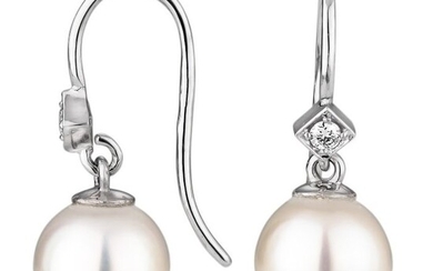 Dangle Pearl Diamond Earrings - 14 kt. Freshwater pearls, 8 mm - Earrings Pearl - Diamond