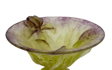 Daum France Pate de Verre Art Glass Iris Bowl Green & Purple Signed