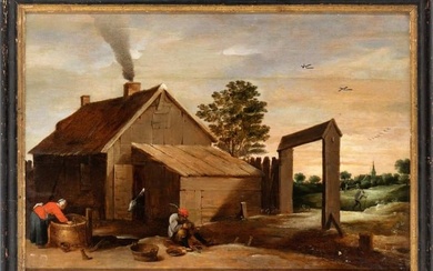 David Teniers Il Giovane (ambito di) Landscape with house and farmer cleaning oyster