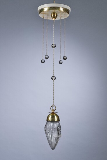 A ceiling lamp made of brass with tear-shaped lamp shade, designed in c. 1900