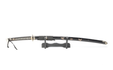 Decorative Black and Gold Katana with Sheath and Wooden Stand, Late 20th C.