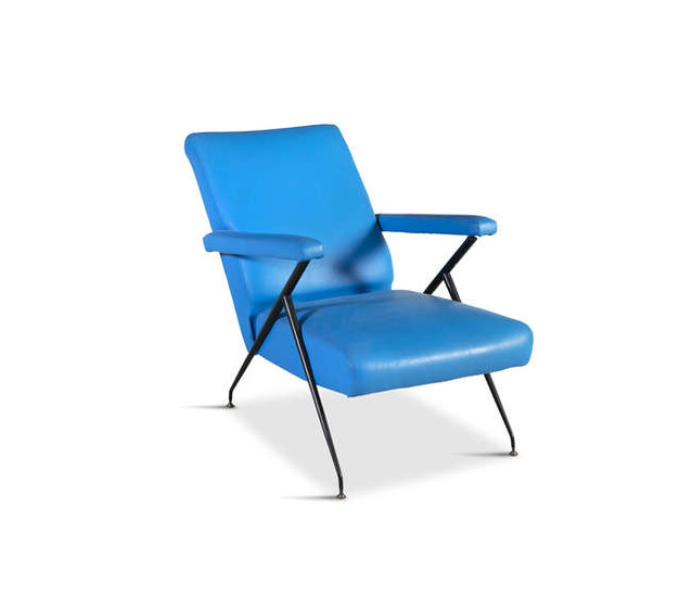 Description LOUNGE CHAIR A blue upholstered 1960s Italian reclining...