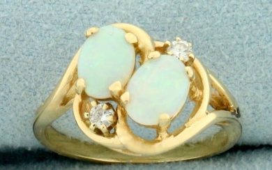 Double Opal and Diamond Ring in 14k Yellow Gold