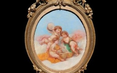 Draft screen or paravent with romantic painting on canvas - Gilt, Wood - Circa 1875