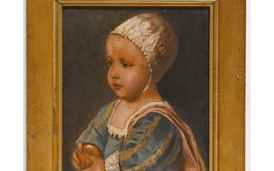 ÉCOLE FRANCAISE du XIXè. « Portrait d’un enfant à la pomme ». Huile sur toile....