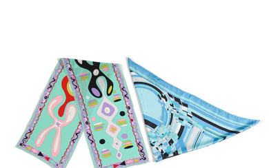 EMILIO PUCCI: A GROUP OF TWO BLUE PRINT SILK SCARVES...