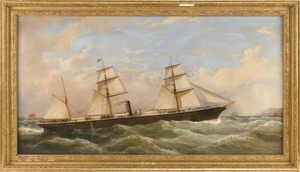 ENGLISH SCHOOL, Circa 1875, Portrait of a Pacific Steam Navigation Company mail ship., Oil on canvas, 24" x 46". Framed 29" x 51".
