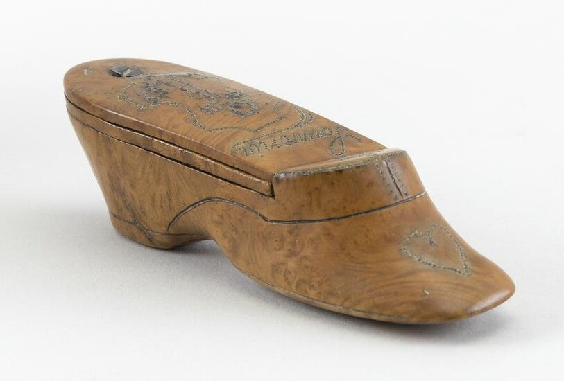 ENGLISH SHOE-FORM TREEN AND PIQUE WORK SNUFF BOX 19th