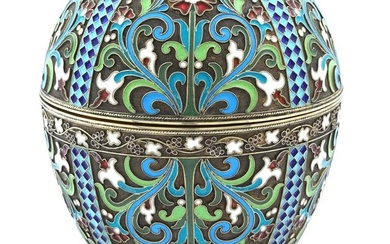EXTRA LARGE RUSSIAN SILVER ENAMEL EGG CASE W STAND