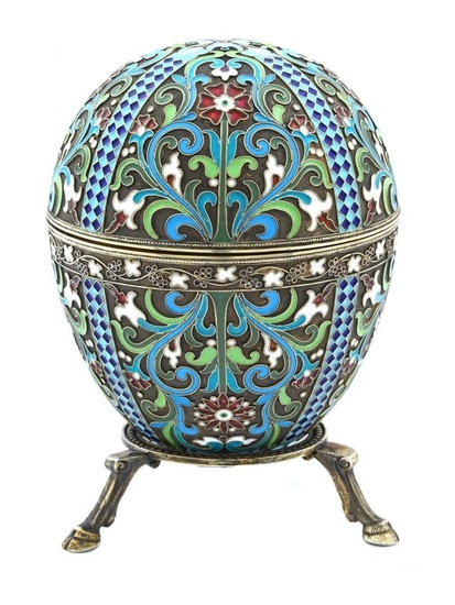 EXTRA LARGE RUSSIAN SILVER ENAMEL EGG CASE W STAND
