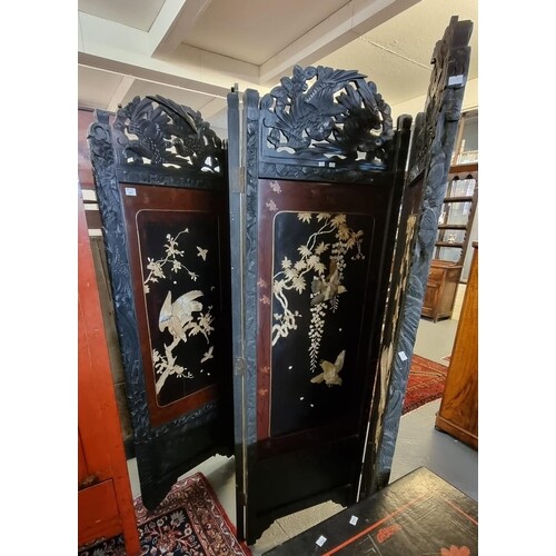 Early 20th Century Japanese four fold lacquered screen havin...