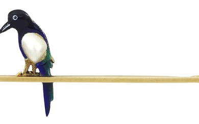Early 20th century blister pearl and enamel magpie bar brooch
