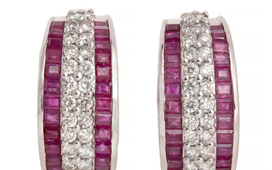 Earrings in white gold, with diamonds and rubies.
