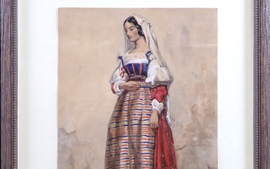 Ecole italienne du XIX's : Jeune femme. Aquarelle, 27 x 20