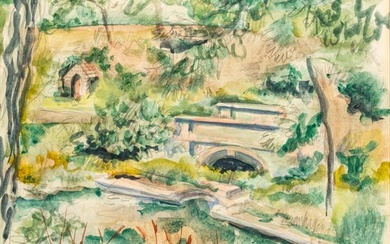 Edgar Louis Yaeger (American, 1904-1997) Watercolor on Paper, Ca. 1960, "Landscape with Footbridge"