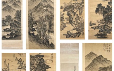 Eight Chinese black and white hanging scrolls, early 20th century.