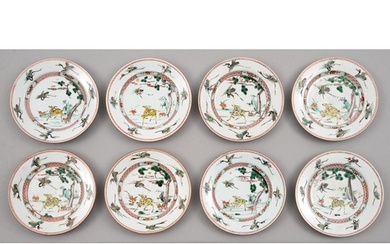 Eight Chinese famille verte 'Deer and Crane' plates, Kangxi ...