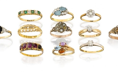 Eleven various rings, comprising: an old brilliant-cut diamond flowerhead cluster; an 18ct gold, rectangular emerald and old-cut diamond seven stone half-hoop, London hallmarks; two old-brilliant-cut diamond single stones, one in 9ct gold mount; an...
