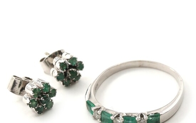 SOLD. Emerald and diamond ring and a pair of emerald earrings set with faceted emeralds,...