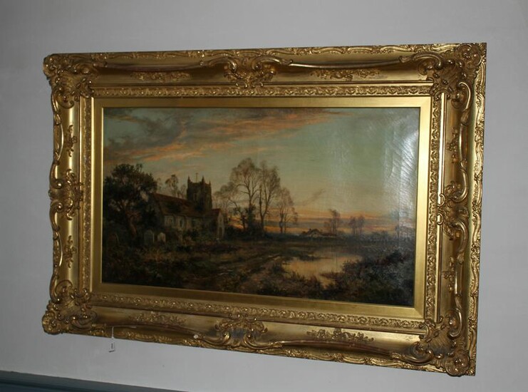 English Landscape with Country Church, Oil on Canvas