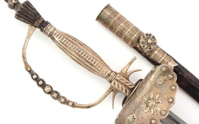 English court sword early 19th century with a faceted polish steel hilt and decorative guard.