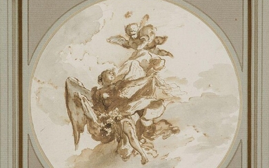 Étienne de La Vallée Poussin, French 1735-1802- Angels and cherubs rising above the clouds; pen and ink with wash, tondo, bears inscription to the reverse of the mount, 16.5 cm diameter. Provenance: Agatha Sadler (8/104, 101 B.G.L) according to the...