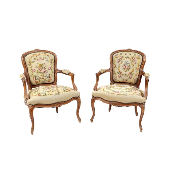 European Workshop, Pair of Louis XV manner armchairs with floral tapestry in Aubusson manner