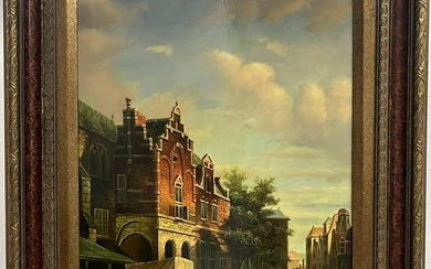 Exceptional Dutch Street Scene Oil on Board