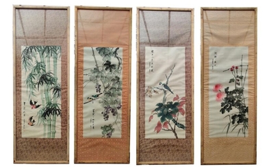FOUR CHINESE SILK PAINTINGS,FRAMED