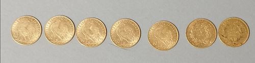 FRANCE. 7 coins 10 gold francs, 1907, 1855,...