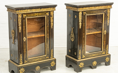 FRENCH BOULLE EBONIZED, ORMOLU MOUNTED & MARBLE TOP SIDE CABINETS, 19TH C, PAIR, H 43", W 28"