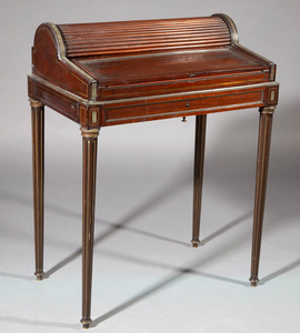 FRENCH BRASS-INLAID MAHOGANY LADY'S TAMBOUR WRITING DESK