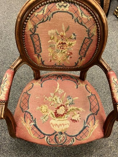 FRENCH NEEDLEPOINT UPHOLSTERED ARM CHAIR