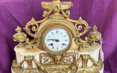 FRENCH ORMOLU AND MARBLE MANTLE CLOCK WITH KEY, 34 X 14 X 35...