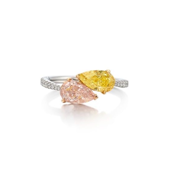 Fancy Brownish Pink Diamond, Fancy Vivid Yellow Diamond and Diamond Ring
