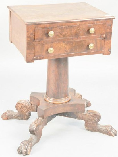 Federal mahogany two drawer work table on paw feet. ht.