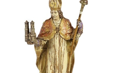 Figure de St Ludgerus (né en 742) en bois sculpté et peint, datant du 19e...