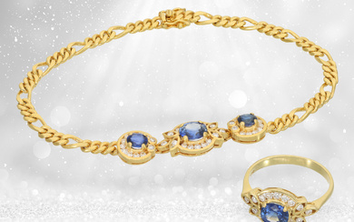 Filigree sapphire/brilliant-cut diamond goldsmith's bracelet with matching ring, 18K gold