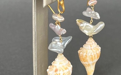 Fine Pair of South Sea Keshi Pearls and Conch Shell Drop Earrings