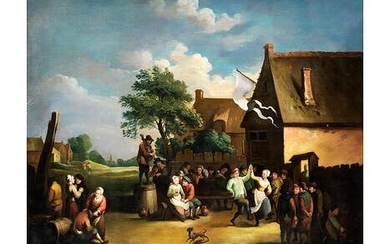 Flämische Schule des 17. Jahrhunderts, VOLKSSZENE MIT FEIERNDEN BAUERN IN EINEM DORF