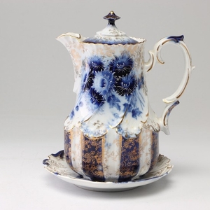 Flow Blue Porcelain Coffee Pot and Saucer, 19th Century